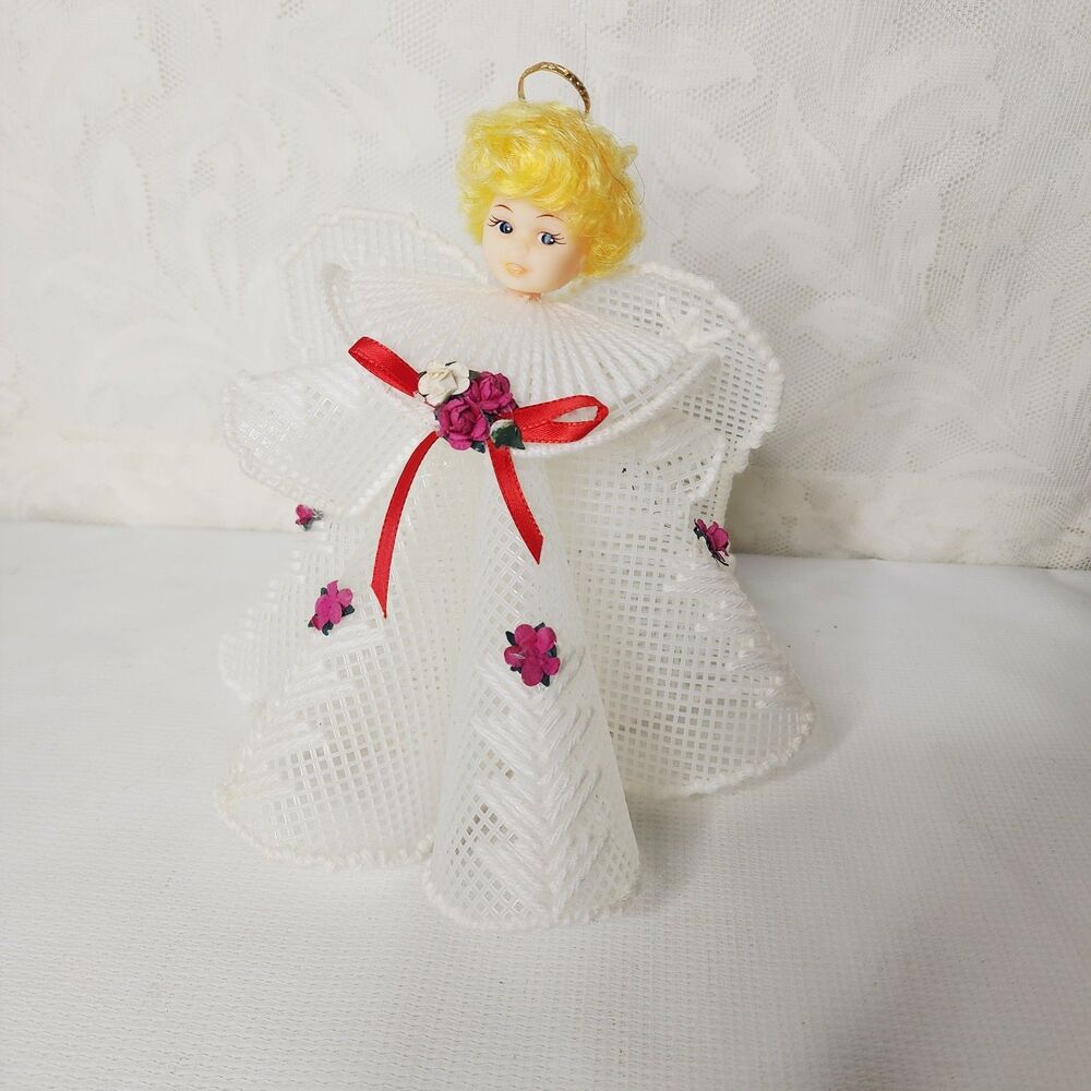 Vintage Handcraft Christmas Plastic Canvas 8" Needlepoint Angel Doll Table Decor
